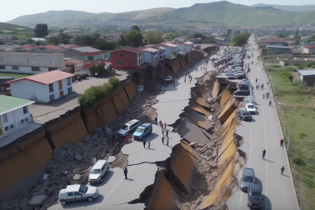 the dramatic moment when two fault lines collide, causing a massive quake, created with generative aiの素材