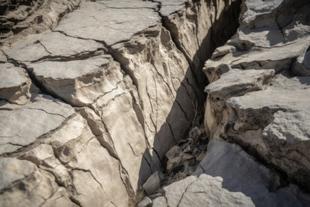 close-up of a fault line, with visible cracks and crevices, created with generative aiの素材