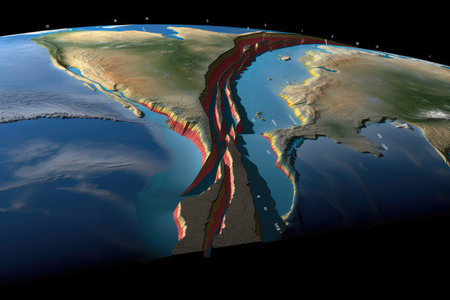 huge fault line, with the earths crust being torn apart and shifted, created with generative aiの素材