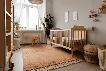 baby room with plush carpet, wooden crib and mobile, created with generative aiの素材