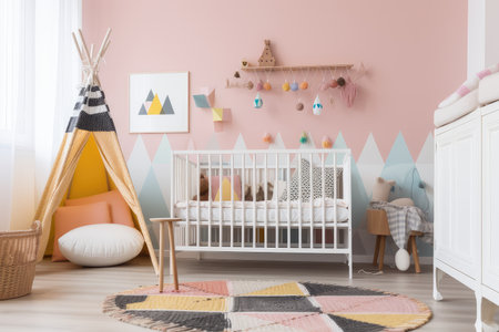 crib in cozy baby room, surrounded by colorful and playful decor, created with generative aiの素材
