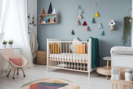 crib in cozy baby room, surrounded by colorful and playful decor, created with generative aiの素材