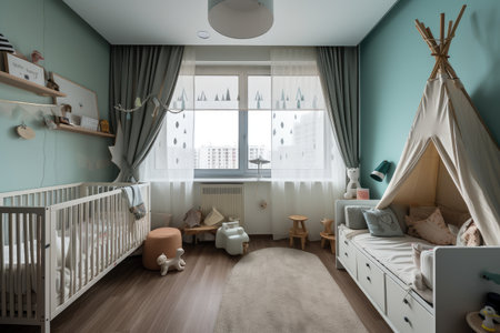 baby room, with view of the living space, showing off the cozy interior and playful details, created with generative aiの素材