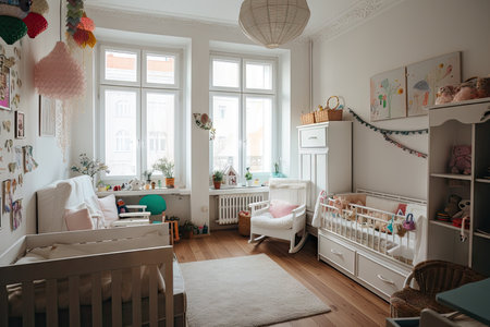 baby room with white, wooden furniture and colorful accents for a warm and inviting atmosphere, created with generative aiの素材