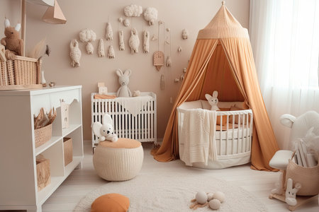 cozy baby room with warm and soft colors, cozy bed and cute accessories, created with generative aiの素材