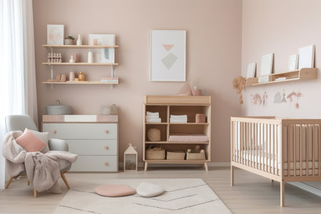 nursery with minimalist and neutral design, featuring soft pastel colors and stylish accessories, created with generative aiの素材
