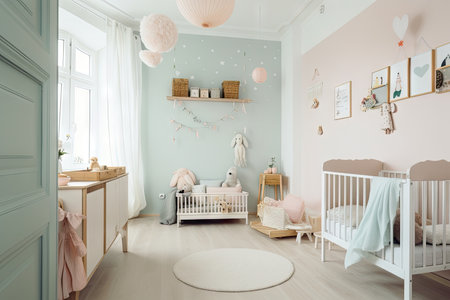 baby room featuring pastel colors and cheerful decorations for a serene and welcoming space, created with generative aiの素材