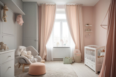 baby room with soft pastel colors and cozy furnishings, created with generative aiの素材