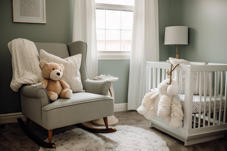 baby room with cozy rocker and plush blanket, ready for snuggles, created with generative aiの素材