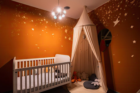 baby room, with view of the stars and moon, for night time sleep, created with generative aiの素材