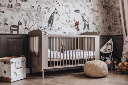 crib surrounded by animal friends in baby room, created with generative aiの素材