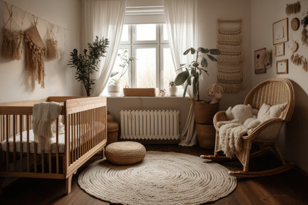 baby room with warm and cozy decor, featuring white fabrics and natural textures, created with generative aiの素材