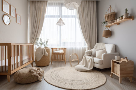 baby room with warm and cozy decor, featuring white fabrics and natural textures, created with generative aiの素材