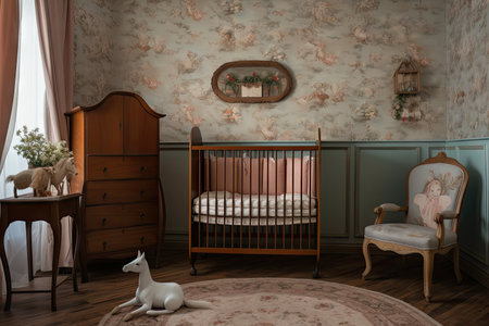 baby room, with crib and rocking horse against the backdrop of old-fashioned wallpaper, created with generative aiの素材