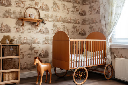 baby room, with crib and rocking horse against the backdrop of old-fashioned wallpaper, created with generative aiの素材