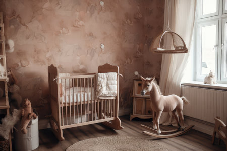 baby room, with crib and rocking horse against the backdrop of old-fashioned wallpaper, created with generative aiの素材