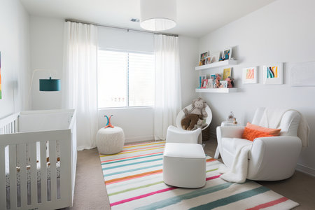 modern baby room, with sleek white furniture and pops of color, created with generative aiの素材