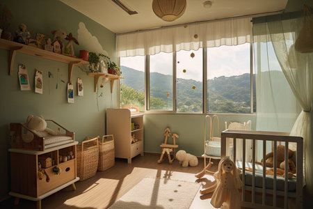 baby room, with view of rolling hills and sunlit sky, creating peaceful and serene environment, created with generative aiの素材