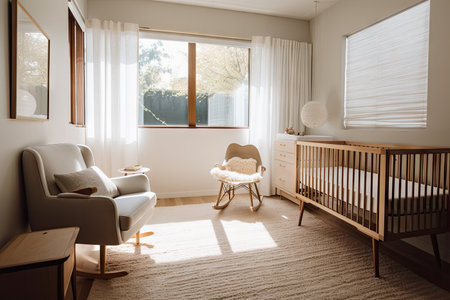 baby room filled with warm, natural light and clean lines, created with generative aiの素材