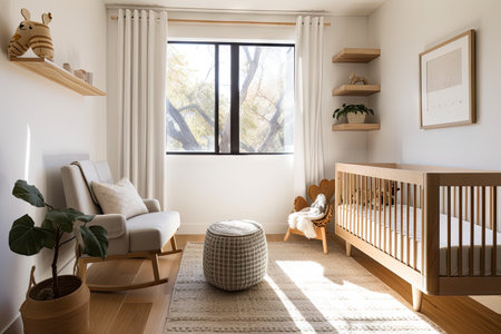 baby room filled with warm, natural light and clean lines, created with generative aiの素材