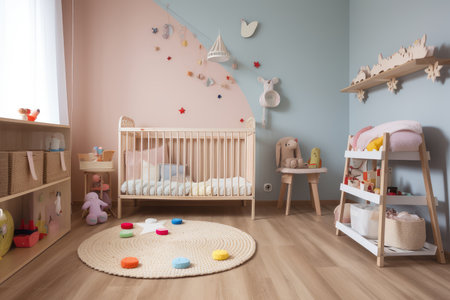 baby room, with crib and toys in the center of the room, created with generative aiの素材