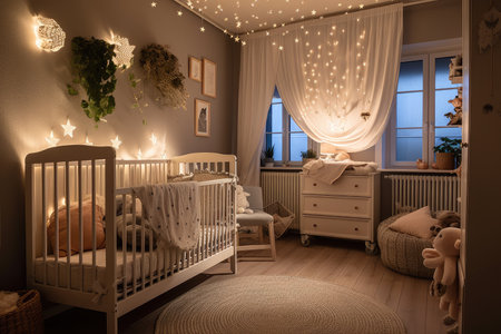baby room, filled with sweet and cozy bedding and soft lighting, created with generative aiの素材