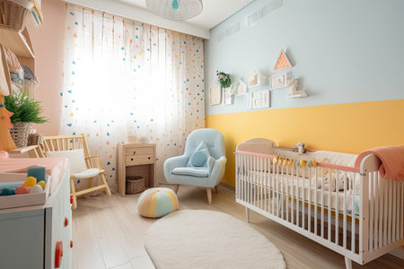 baby room, filled with bright and cheerful decor, with touches of pastel colors, created with generative aiの素材