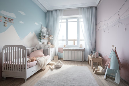 baby room filled with natural light, showcasing the beautiful view of the outside world, created with generative aiの素材