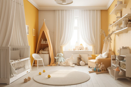 baby room with cozy and warm colors, pastel or primary, a whimsical and playful design, created with generative aiの素材