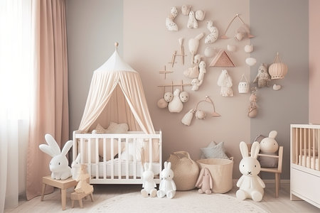 cozy baby room with soft pastel colors, animal motifs and cute plush toys, created with generative aiの素材