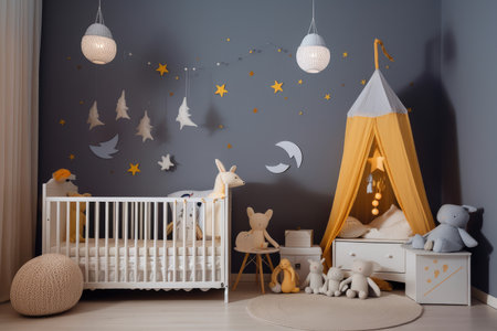 baby room with theme of stars and moon, including star mobile and plush animals in nighttime setting, created with generative aiの素材