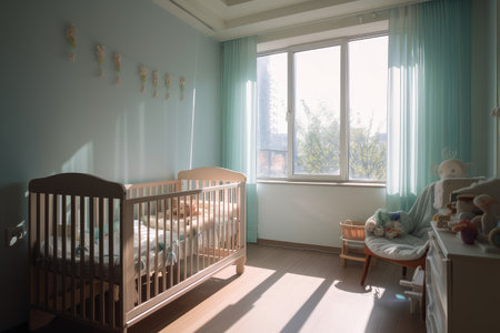 baby room, filled with sunlight, and view of the outside world, created with generative aiの素材