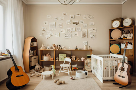 baby room filled with books, toys, and musical instruments to stimulate the imagination, created with generative aiの素材