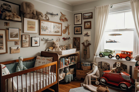 babys room filled with vintage toys, books and keepsakes, created with generative aiの素材