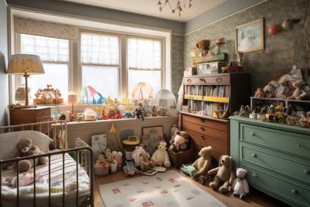 babys room filled with vintage toys, books and keepsakes, created with generative aiの素材