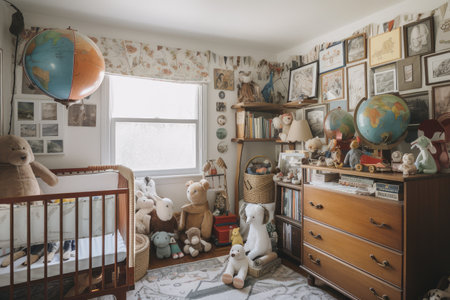 babys room filled with vintage toys, books and keepsakes, created with generative aiの素材