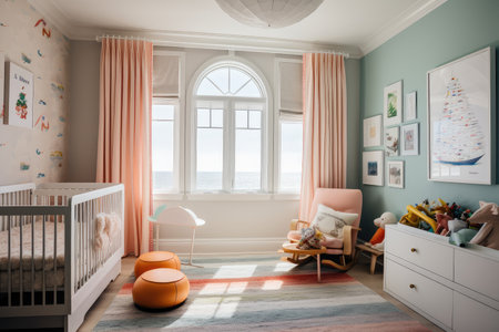 baby room with view of the seashore, featuring colorful and whimsical decor, created with generative aiの素材