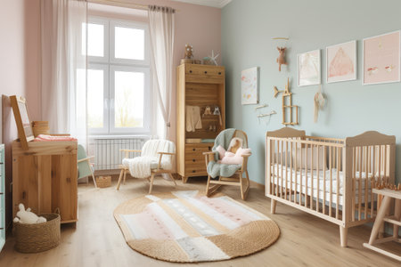 baby room with soft pastel colors and rustic wooden furniture, created with generative aiの素材