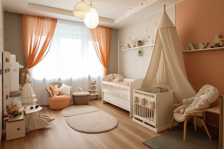 baby room with cozy and warm atmosphere, in which the child will feel comfortable and safe, created with generative aiの素材