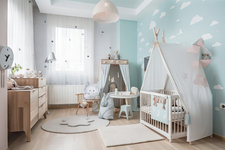 baby room, filled with cozy and playful furnishings, for a happy and healthy start, created with generative aiの素材