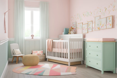 baby room with matching bedding, crib and dressers in cheery pastel shades, created with generative aiの素材