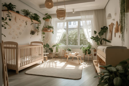 baby room, filled with natural light and surrounded by greenery, created with generative aiの素材