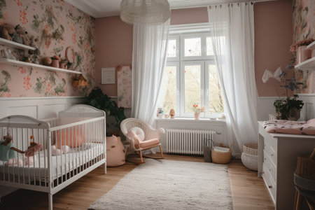 baby room, with view of beautiful garden, full of flowers and greenery, created with generative aiの素材