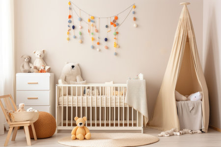 baby room with playful and colorful decor, including mobile with plush toys, created with generative aiの素材