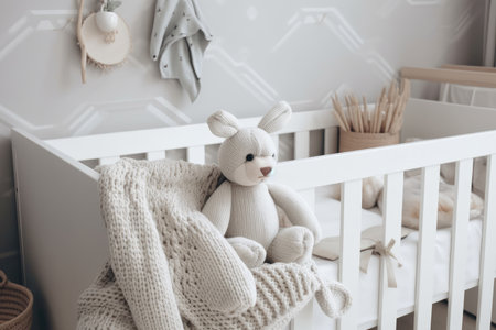 crib with cozy blankets and cute stuffed animal in baby room, created with generative aiの素材
