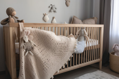 crib with cozy blankets and cute stuffed animal in baby room, created with generative aiの素材