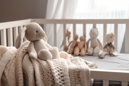 crib with cozy blankets and cute stuffed animal in baby room, created with generative aiの素材