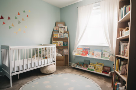 baby room with books and reading material for parents to read to their child, created with generative aiの素材