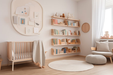 baby room with books and reading material for parents to read to their child, created with generative aiの素材