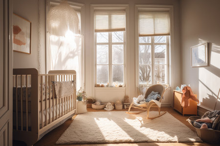 baby room, with view of sun shining through window, bringing warmth and light into the room, created with generative aiの素材